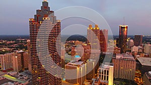 Aerial drone shot of Atlanta architecture at dusk.Camera hovering in the air above downtown . Georgia USA.Camera No