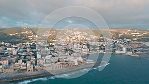 An aerial drone shot of Batroun, Lebanon