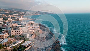 An aerial drone shot of Batroun, Lebanon