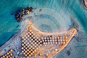 Aerial drone shot of beautiful turquoise beach with pink sand Elafonissi, Crete, Greece. Best beaches of Mediterranean, Elafonissi