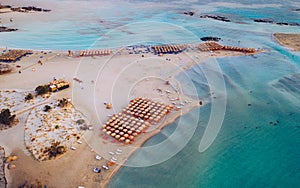 Aerial drone shot of beautiful turquoise beach with pink sand Elafonissi, Crete, Greece. Best beaches of Mediterranean, Elafonissi