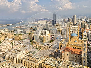 Aerial drone shot of Beirut downtown, Lebanon ; Martyrs` Square and Beirut port aerial drone shot