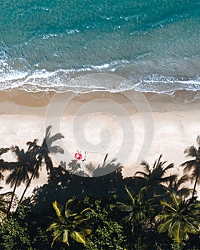 Aerial drone shot of Bingil Bay Beach at Mission Beach, Tropical North Queensland, Australia