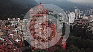 Aerial drone shot of Bogota downtown with Santamaria Bullring