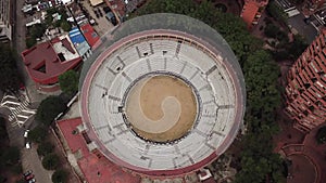 Aerial drone shot of Bogota downtown with Santamaria Bullring