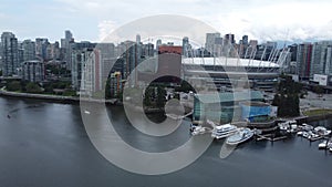 Aerial drone shot of the buildings of downtown Vancouver, Canada