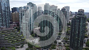 Aerial drone shot of the buildings of downtown Vancouver, Canada