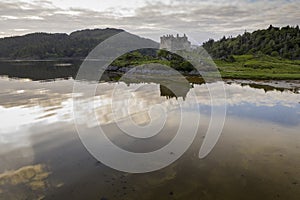 Aerial drone shot of Castle Tioram, it is a ruined castle that sits on the tidal island Eilean Tioram in Loch Moidart, Lochaber,