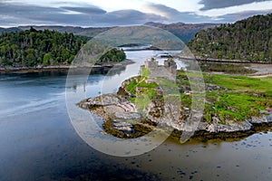 Aerial drone shot of Castle Tioram, Scottish Highlands