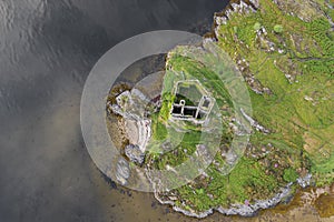 Aerial drone shot of Castle Tioram, Scottish Highlands