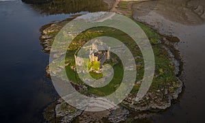 Aerial drone shot of Castle Tioram, Scottish Highlands