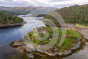Aerial drone shot of Castle Tioram, Scottish Highlands