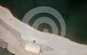 Aerial drone shot of coastline River Ural. City beach of Magnitogorsk, Russia