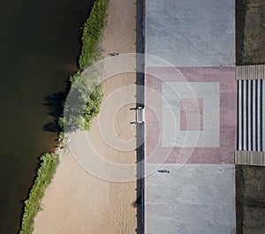Aerial drone shot of coastline River Ural. City beach of Magnitogorsk, Russia