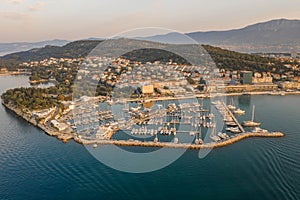 Aerial drone shot of Diocletian Palace by port riva in Split old town before sunrise in early morning in Croatia