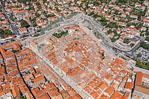 Aerial drone shot of Dubrovnik old town city wall in Croatia summer