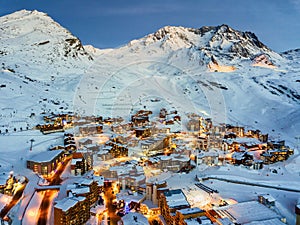 Aerial drone shot dusk view of Val Thorens, ski resort in Haut Savoie, France