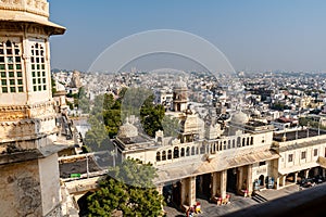 Aerial drone shot of the entrance of the City Palace in Udaipur, Mewar, India photo