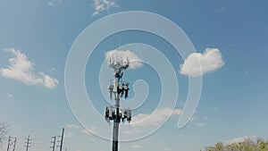 Aerial drone shot. Footage of 5G towers with blue sky background. Rural broadband in country towns.