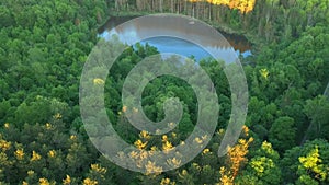 Aerial Drone shot of forests and pond in Upstate New York