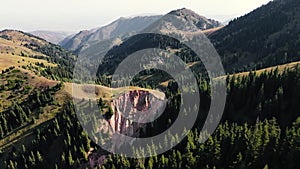 Aerial Drone shot of green forest and mountains in Kazakhstan