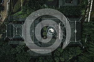 Aerial drone shot of Guanyue Tao Temple with Buagua diagram symbol in Chongqing, China