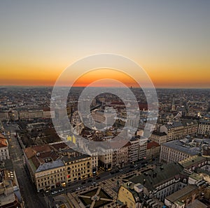 Aerial drone shot of Jozsef Nador Square at dawn in budapet downtown