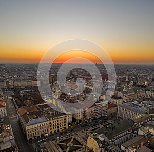 Aerial drone shot of Jozsef Nador Square at dawn in budapet downtown photo