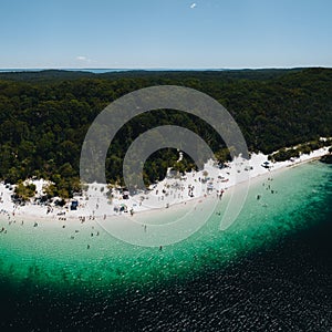 Aerial Drone shot Lake McKenzie, Fraser Island also called kgari, Queensland QLD, Australia.