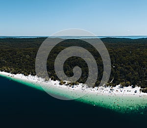 Aerial Drone shot Lake McKenzie, Fraser Island also called kgari, Queensland QLD, Australia.