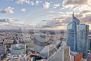 Aerial drone shot of Levallois Neuilly Paris with Eiffel Tower tour montparnasse, jardin d`acclimation from La Defense photo