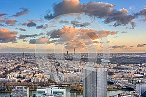 Aerial drone shot of Levallois Neuilly Paris with Eiffel Tower tour montparnasse, jardin d`acclimation from La Defense photo