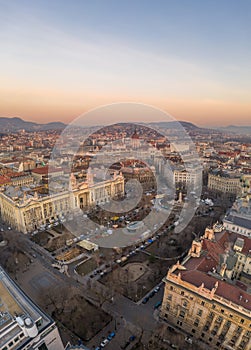 Aerial drone shot of liberty square with Parliament before Budapest sunrise