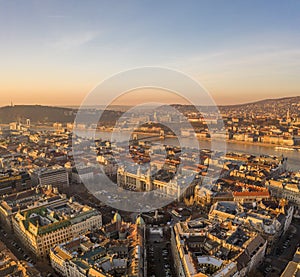 Aerial drone shot of liberty square with stock in Budapest sunrise