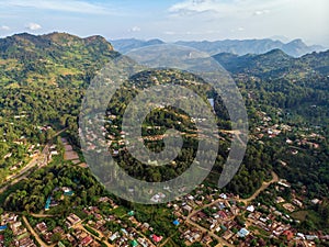 Aerial Drone Shot of Lushoto village in Usambara Mountains. Remote Place in Tanga Province, Tanzania, Africa photo