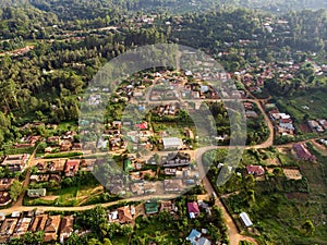 Aerial Drone Shot of Lushoto village in Usambara Mountains. Remote Place in Tanga Province, Tanzania, Africa photo