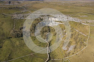 Aerial Drone shot of Malham Cove in the Yorkshire Dales national park