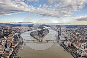 Aerial drone shot of Margret Bridge over Danube in Budapest winter morning