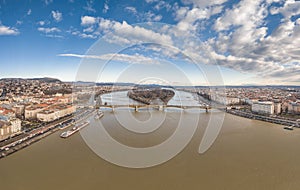 Aerial drone shot of Margret Bridge over Danube in Budapest winter morning with overcast