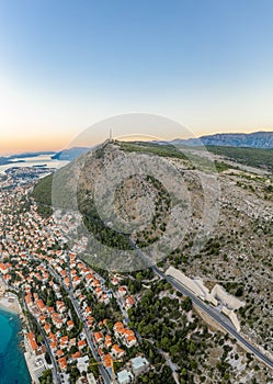 Aerial drone shot of Mountain Srd with view of Dubrovnik in Croatia summer morning