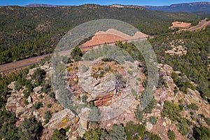 Aerial drone shot of native American ruins near Payson-Heber-Highway, Arizona, United States