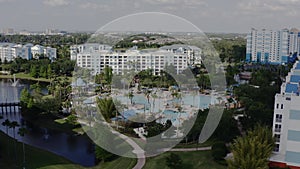 Aerial drone shot over a holiday resort golf course