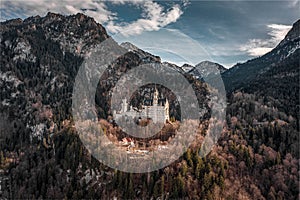 Aerial drone shot of picturesque Neuschwanstein Castle on snowy hill in winter sunlight in Germany