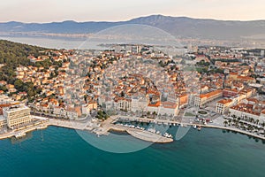 Aerial drone shot of Republic Square in Split old town in sunrise hour in Croatia