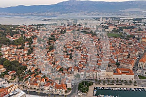 Aerial drone shot of residents buildings near Marjan Diocletian Palace in sunrise in Split Croatia