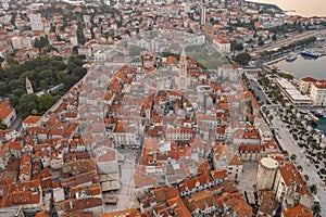 Aerial drone shot of Saint Domnius in Diocletian Palace in Split old town before sunrise in Croatia