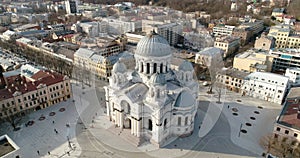AERIAL. Drone shot of St. Michael the Archangel Church Soboras in Kaunas, Liberty Boulevard, Lithuania. Sunny spring day