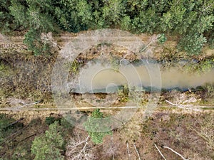 Aerial drone shot, straight down, of a forest with river or canal running through in early spring