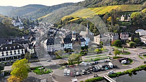 Aerial Drone Shot of Trarbach in autumn Traben-Trarbach City with Morning Fog. River Moselle, Germany. Moselland.