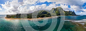 Aerial drone shot of Tunnels Beach on the north shore of Kauai in Hawaii